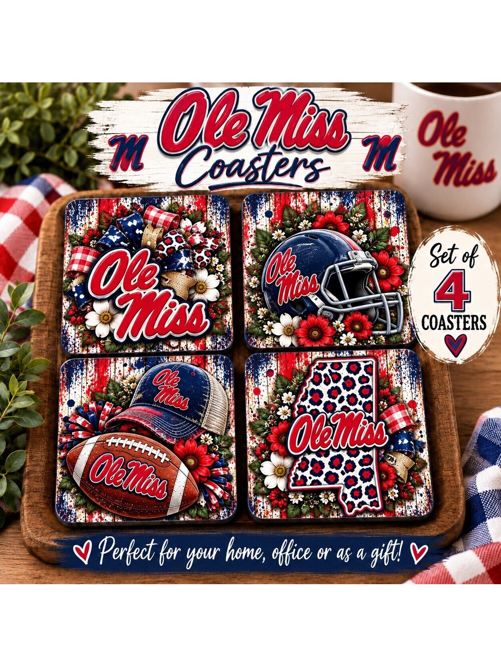 Handmade Ole Miss Ceramic Coaster Set 4